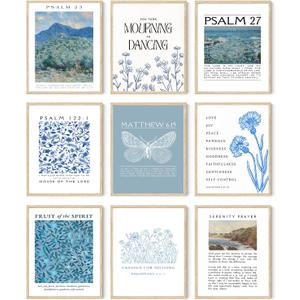 FYARTKJ 9Pcs Bible Verse Wall Art Prints Christian Blue Scripture Quotes Posters Vintage Religious Gallery Wall Decor Pictures for Living Room Bedroom Decoration, 8x10in Unframed