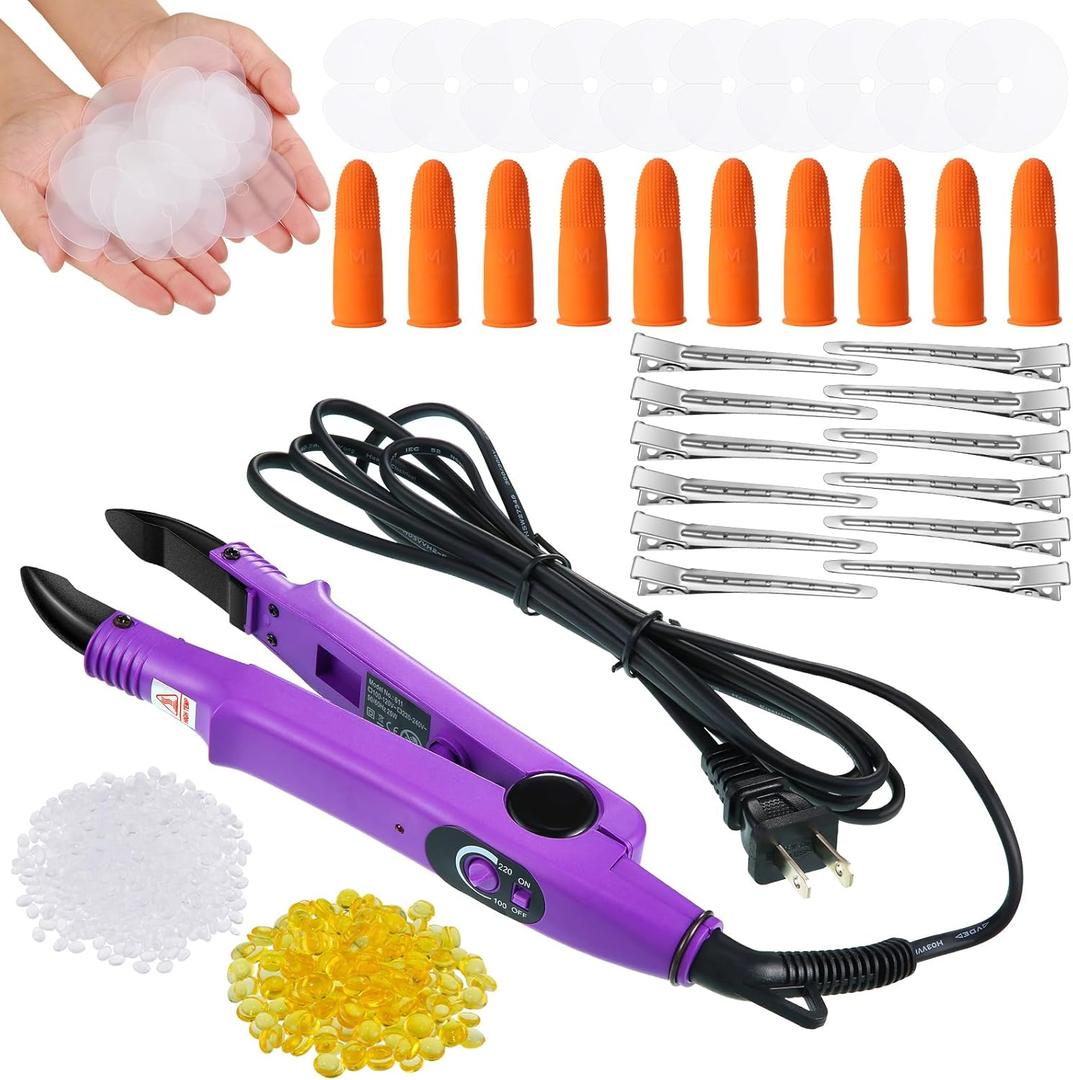 Lothee Fusion Hair Extension Heat Iron with Keratin Beads, Fusion Glue Protector, Template Hair Clips, Heat Insulation Sheets and Finger Gloves (Purple, 50g Bags)