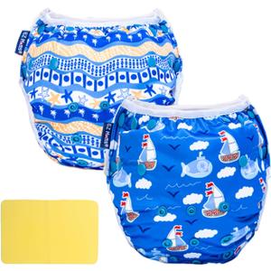 EZ Moms Baby Swim Diapers Reusable 2Pcs Large Size Snap Adjustable Washable One Size Toddler Swim Diaper with a Shammy Towel for Baby Boy Water Diaper Waterproof Swimming Diapers for Swimming Lessons L