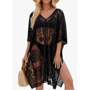 Colornival Sexy Elegant Lace Beach Cover Up for Women, Bathing Suit Cover Up, V-Neck Swimsuit Coverup for Poolside, Seaside and Party, Black, One Size 