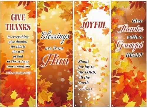 Remagr 4 Pack 2 x 6 ft Thanksgiving Church Banner Maple Church Sanctuary Banners with Scripture Bible Verses Wall Worship Inspirational Religious Praise Hanging Sign for Sunday School Decoration