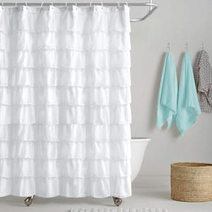REISEN White Shower Curtain Farmhouse Ruffle Fabric for Bathroom Sheer Shower Curtain 72 in Long