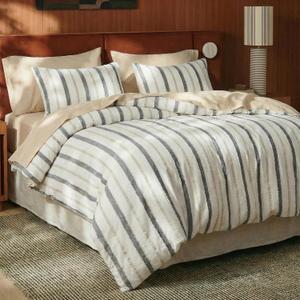 100% Cotton Tufted Duvet Cover King Size, Cream White with Gray Stripe Bedding Set, 3-Piece Soft Breathable Comforter Cover with Zipper Closure & Corner Ties