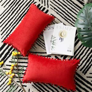 Throw Pillow Covers 12x20 Red: 2 Pack Cozy Soft Pom-poms Velvet Rectangular Decorative Pillow Cases for Farmhouse Home Decor