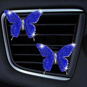 Dotesy 2 Pack Bling Bling Butterfly Air Vent Clips Crystal Butterfly Car Air Fresheners Vent Clips Diamond Cute Car Interior Decor for Women (Blue)