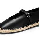 Coutgo Womens Espadrilles Mary Jane Flats Closed Sqaure Toe Ballet Flats Comfortable Dress Shoes, Black/ PU, Size 7