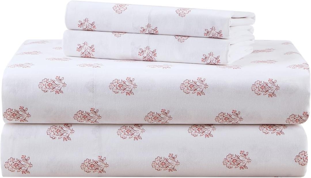 Comfort Spaces 100% Cotton Sheets Queen, Breathable, Naturally Cool Cotton Sheets, Soft Cotton Bed Sheets with 14" Elastic Pocket Fits up to 16" Mattress, All Seasons Sheet Set, Floral Pink 4 Piece