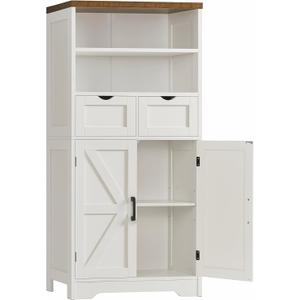 TEENFON Storage Cabinet with Doors & 2 Drawers, Kitchen Cabinet with Adjustable Shelf, Pantry Cabinets, Bathroom Cabinets, for Living Room, Entryway, Home Office, White