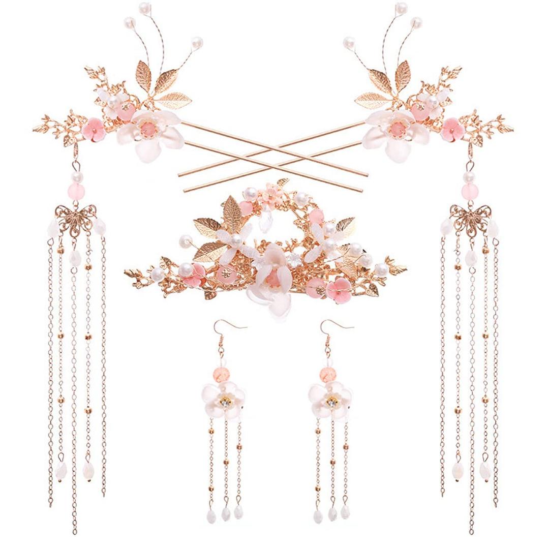 Alloy Hair Sticks Pins Long Tassel Hanfu Chinese Hair Comb/Earrings Set of 1 Traditional Classical Ear Hook Pendant(Style D)