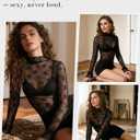 2 x Women's Lace Tops Mesh Sheer Long Sleeve See Through Undershirt (Black, L)