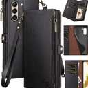 XcaseBar for Samsung Galaxy S21 Wallet case with Zipper Credit Card HolderRFID Blocking, Flip Folio Book PU Leather Phone case Shockproof Cover Women Men for Samsung S21 case Black