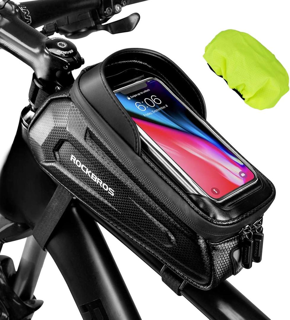 ROCKBROS Bike Phone Mount Frame Bag, Oversized EVA Waterproof Bike Phone Holder Bicycle Top Tube Front Frame Bag Bikes Accessories Gifts Pouch for Phones Under 7.5 (Black-1.7L)