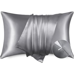 Bedsure Satin Pillowcase with Zipper, Similar to Silk Pillow Cases 2 Pack, Satin King Pillow Cases Set of 2, Silky & Soft Pillow Covers for Hair and Skin, Gifts for Women Men, Dark Grey, 20x36 Inches