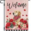 DLZDN Welcome Valentines Day Dog Garden Flag Love Heart Roses Golden Retriever Flag 1218 Inch Double Side Buffalo Plaid Farmhouse Yard Flag Anniversary Wedding Outdoor House Decoration