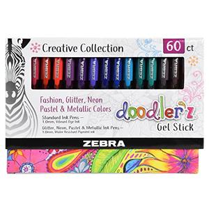 Zebra Pen Doodlerz Gel Stick Pen Mega Set, Bold Point, 1.0mm, Assorted Glitter, Neon, Metallic, Pastel Colors, 60 Pack (41960)