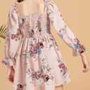 Girls Floral Ruffle Mini Dress Square Neck Lantern Sleeve Smocked Flower Chiffon Boho Sundress