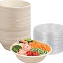 32 oz Round Disposable bowls with lids, Sugarcane Paper Bowls take away food containers Plant Fibers Freezer Safe 50 Pack