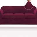PrinceDeco Velvet Couch Covers for Sofa Soft 4 Pieces Couch Covers for 3 Cushion Couch Sofa Pet Friendly Furniture Protector with Non Slip Elastic Bottom Width Up to 90 Inch(Large, Burgundy)