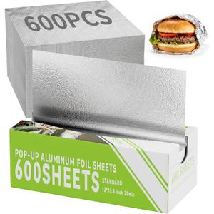 600 Count Pre-Cut Aluminum Foil Sheets, 12" x 10.6" Inch Pre Cut Aluminum Foil sheets for Restaurant Use, Disposable Foil Sheets for Food, Hot Dogs, and Sandwiches