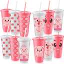 Nezyo 12 Pcs Pig Party Favors Pig Party Cups Bulk Birthday Decorations Farm Animal Supplies 24 oz Reusable Plastic Travel Tumblers with Straws and Lids White Pink Tumbler for Farm Birthday Gifts