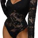 FeelinGirl Long Sleeve Bodysuit for Women Sexy Mesh V Neck Body Suits Thong Corset Top Going Out Outfits for Party, Medium