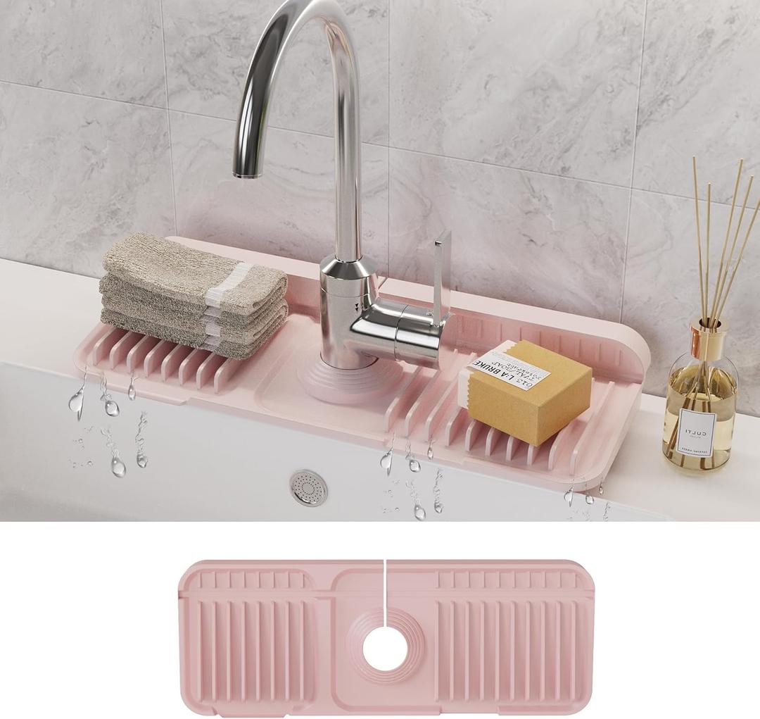 WAFT YEARN 14X5 Inch Silicone Durable Faucet Mat Kitchen Sink Splash Guard Draining Protector Tray Liner Absorbent Protective Counter Accessories For Sink Kitchen Bathroom Laundry Room Bar & RV Pink