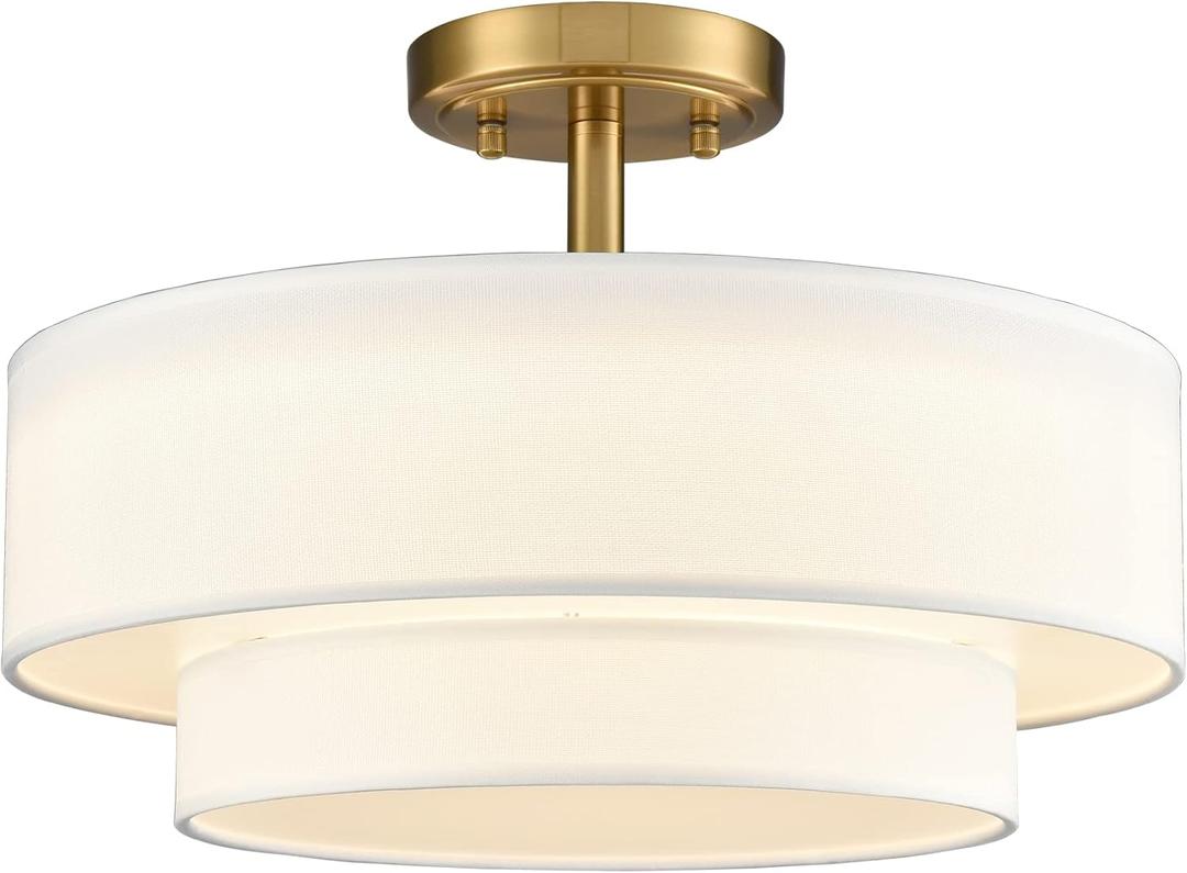 DAYCENT Modern Gold Semi Flush Mount Ceiling Light with Drum Shade 3000K/4500K/5500K LED Flush Mount Drum Lamp Brass Ceiling Light Fixtures for Hallway Bedroom Kitchen Living Room, 30W