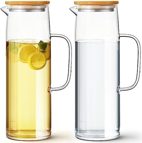 Hsei 2 Sets Glass Pitcher with Lid, 50 oz / 1500 ml Water Carafe with Handles Hot Cold Beverage Water Jar Glass Jug for Tea Juice Milk Coffee Iced Beverage