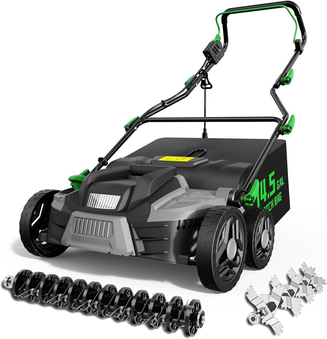 TIECTOWN 2026 Upgrade 16-Inch 15.5 Amp 2-in-1 Electric Dethatcher and Scarifier with 14.5-Gallon Collection Bag, Lawn Dethatcher with 5-Position Depth Adjustment, Keeps Lawn Healthy - Green