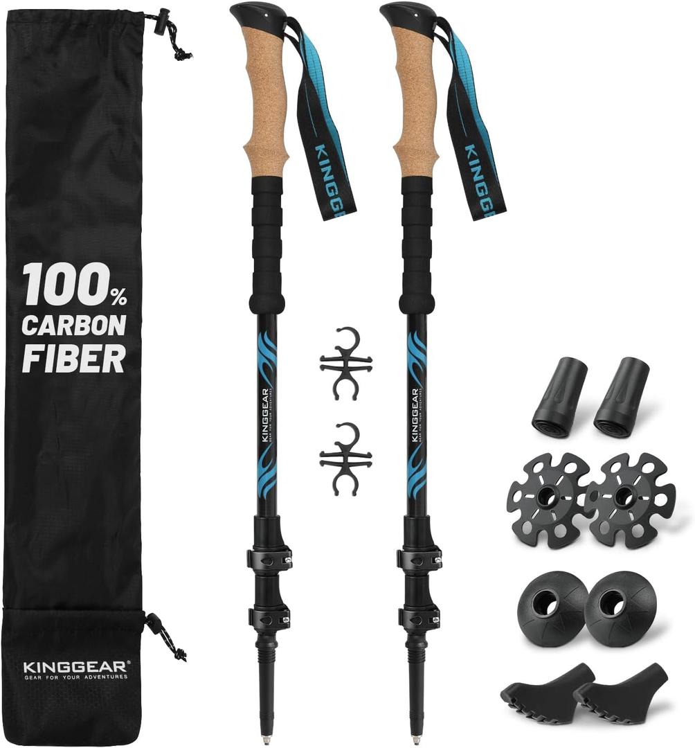 KINGGEAR TPC 100% Carbon Fiber Hiking Poles, Telescopic Retractable Nordic Trekking Poles, Ultra Lightweight Nordic Walking Stick, Metal Flip Locks, Cork and Extended EVA Handle