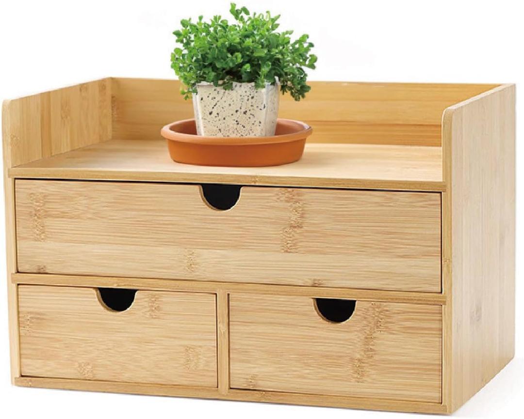 3 Drawer Bamboo Desk Organizer with Shelf  Makeup Storage & Tabletop Organizer for Home Office, Workspace, or Bathroom  No Assembly Required