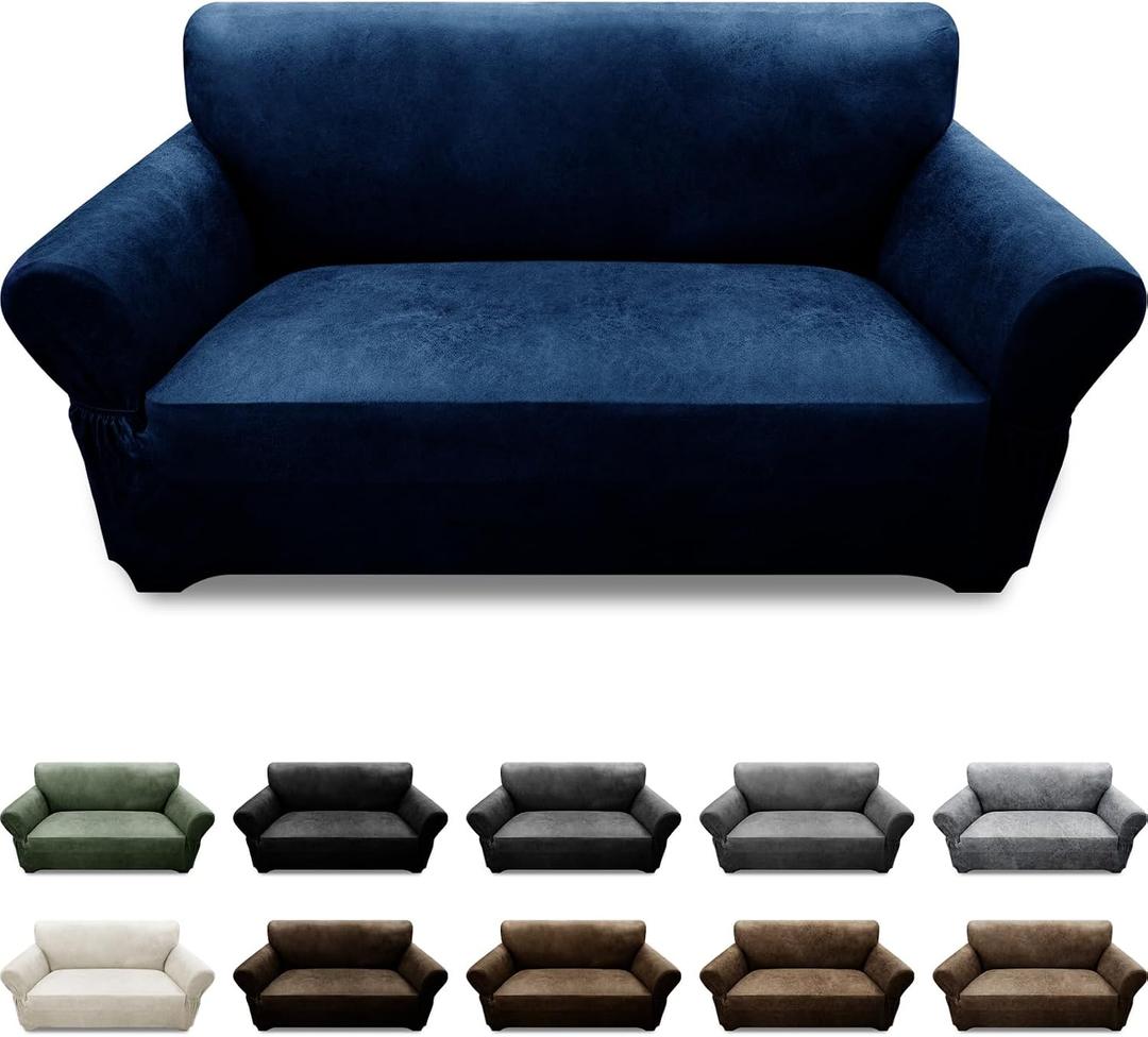 Loveseat Sofa Slipcover Leather Look Couch Covers for 2 Seater Couch Sofa 1-Piece Sofa Cover Stretch Furniture Protector with Elastic Bottom & Pockets(Loveseat, Navy)