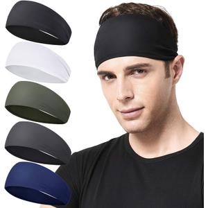 Mens Running Headband,5Pack,Mens Sweatband Sports Headband for Running,Cycling,Basketball,Yoga,Fitness Workout Stretchy Unisex Hairband (Black,White,Green, Dark Gray, Dark Blue)