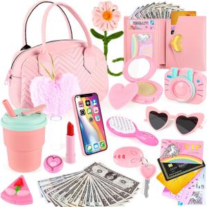 Play Purse for Little Girls Toddler, 35PCS Toddler Purse with Pretend Makeup for Kids, Girl Toys Princess Toy Includes Handbag, Phone, Kids Toy Purse Christmas Birthday Gift for Girls 3 4 5 6 7 8+