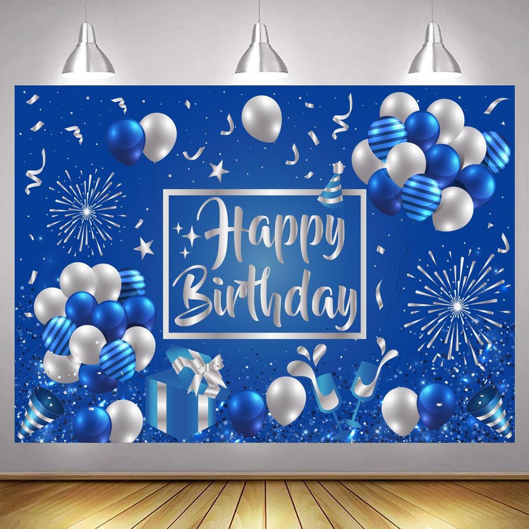 Blue and Silver Birthday Backdrop Indoor Outdoor Decorations Birthday Party Supplies Photography Background for Favor Boys Girls Kids Men Women 5x3ft