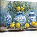 SWQYLB Lemon Wall Art Kitchen Picture Vintage Citrus Fruit Canvas Prints Yellow Lemon with Pottery Blue Classical Painting Rustic Farmhouse Decor Framed (Blue, 12.00" x 18.00")