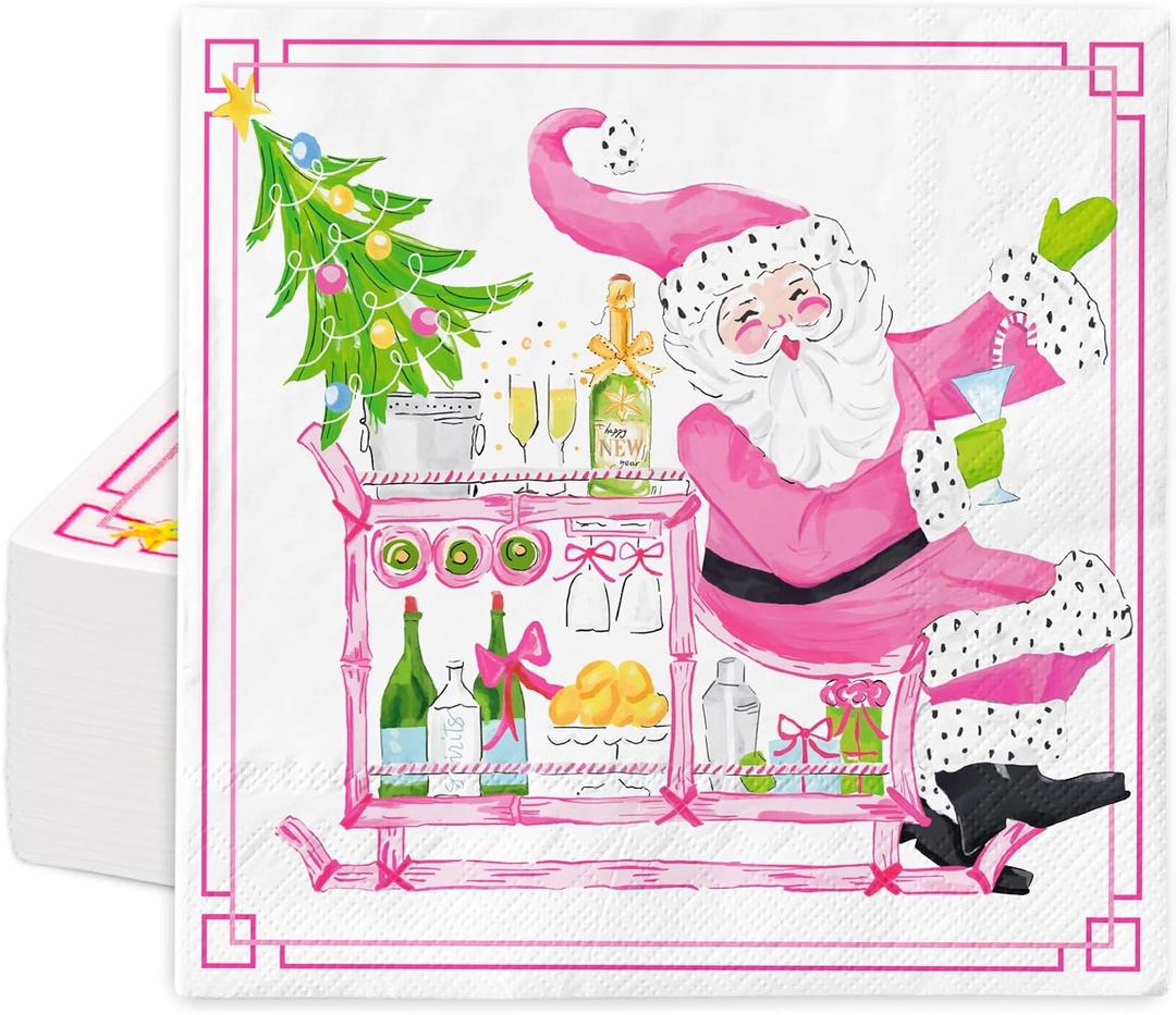 Whaline 100Pcs Christmas Cocktail Paper Napkins Disposable Napkin Pink Santa Claus Xmas Tree Beverage Napkin for Dinner Wedding Gathering, 5 x 5 Inch