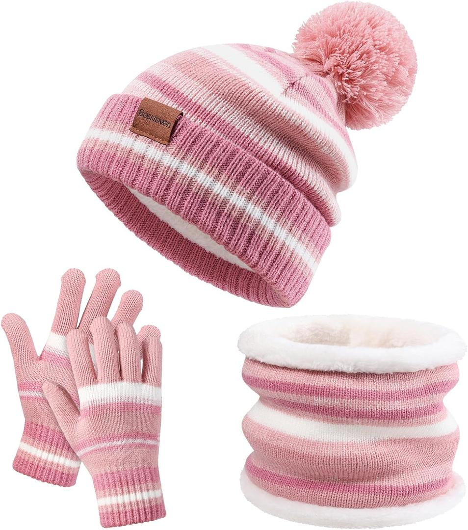 Kids Winter Hat Gloves Scarf Set: Girls Boys Beanie Hats Gloves Knit Set with Thick Warm Fleece Lined For Ages 6-10 Children (Pink)