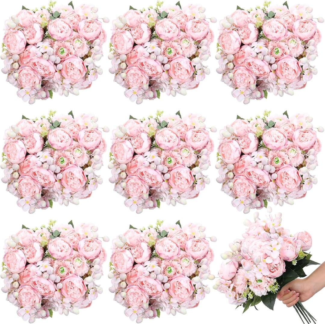 Crowye 16 Bundles Artificial Peony Silk Flower Hydrangea Fake Peony Bouquet Elegant Faux Flowers with Stems for Wedding Table Centerpiece Party Home DIY Decoration(Light Pink)