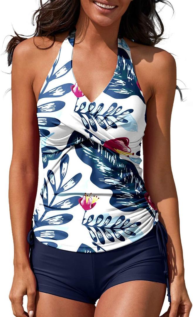Women Two Piece Tankini Halter Padded Adjustable Drawstring Swimsuit with Boyshorts (X-Large, White Flower)