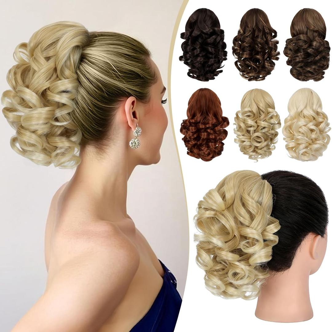 FELENDY 9" Short Ponytail Extension Curly Claw Clip Ponytail Hair Extensions Fluffy Wavy Clip in Pony Tails Hairpiece for Women Synthetic Light Blonde Mix Bleach Blonde