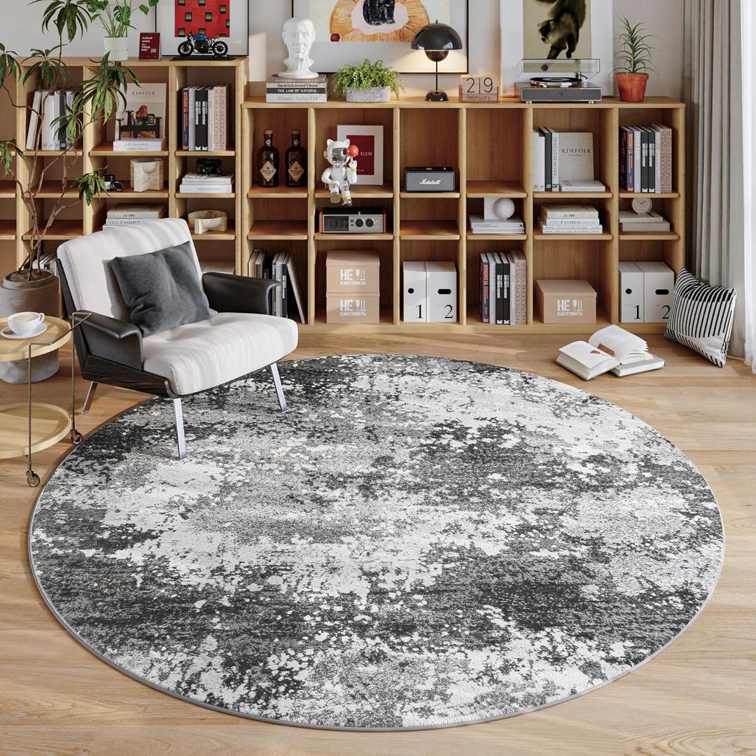 Round Area Rugs 4ft Washable Grey Circle Rug for Entryway Kitchen, Non Slip Soft Low Pile Stain Resistant, Boho Circular Carpet for Living Room Bedroom Dorm Dining Room Table, Abstract Gray