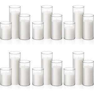 Shihanee 36 Pcs Pillar Candles and Glass Cylinder Vases Tall Cylinder Holders for Pillar Candles Wedding Centerpieces, Total 18 Sets(3.4'' X 4.7", 7", 9.8",Clear,White)