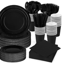 Party Set Of Guests Black Paper Plates 9 Inch,Bulk Black Paper Plates Cups Napkins and Tablecloth,Disposable Cake Plates Paper Plate Black for Birthday Wedding Party