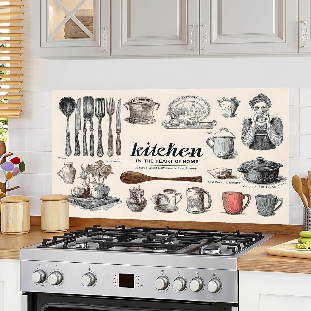 Kitchen Backsplash Wallpaper, Vintage Kitchen Utensils Peel and Stick Backsplash Wallpaper, 35.5 x 23.6 Inch Waterproof Removable Stove Wall Decor for Farmhouse Kitchen