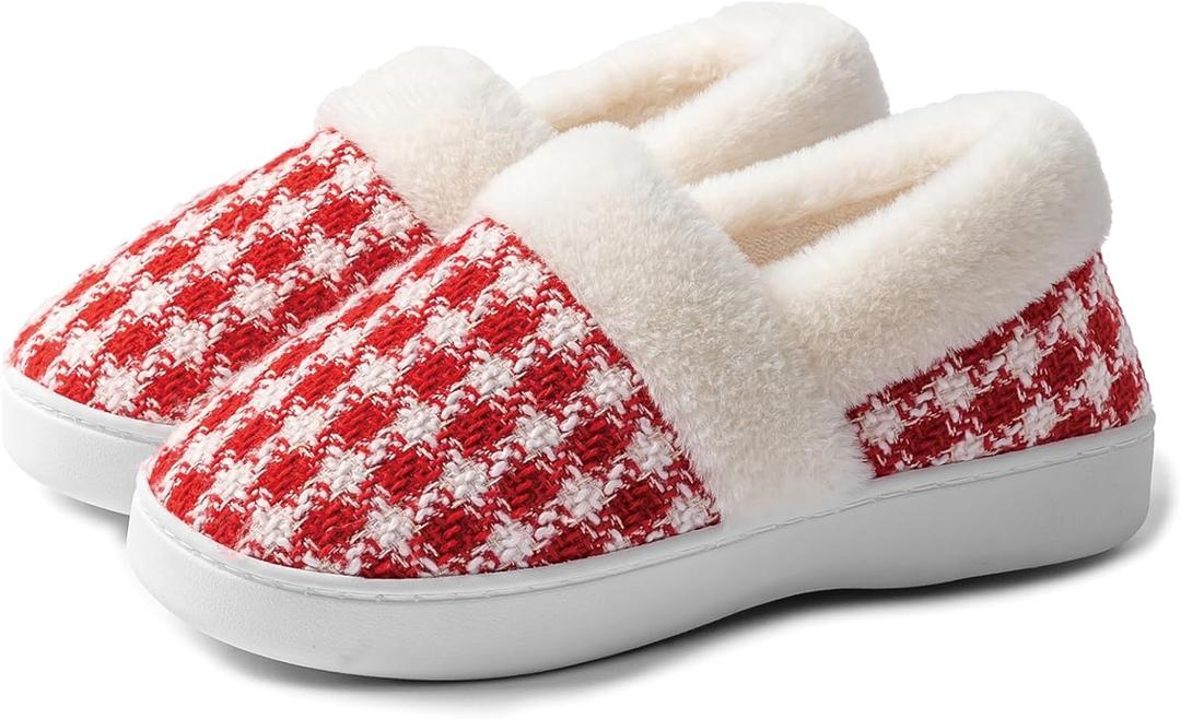 UBFEN Womens Mens Slippers Memory Foam Comfort Fuzzy Plush Lining Slip On House Shoes (9-10 Women/7-8 Men, White Red)