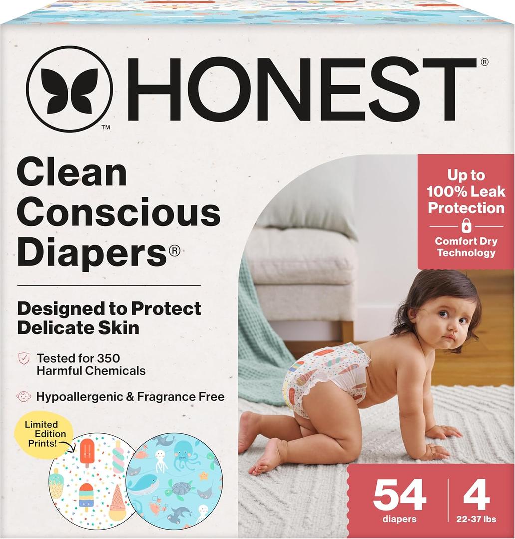 The Honest Company Clean Conscious Diapers for Delicate Skin | Up to 100% Leakproof | Hypoallergenic, Fragrance Free | Summer '25 Limited Edition Prints | Club Box, Size 4 (22-37 lbs), 54 Count