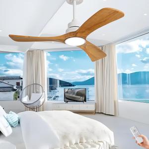 42 Inch Ceiling Fans with Light,3 Blade Ceiling Fan with Remote Control, Reversible Dimmable Wood Ceiling Fan for Kids Room Bedroom Garage Indoor Outdoor Use (White Natural Wood + Downrod Mount)