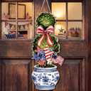 4th of July Large Size Chinoiserie Bonsai Door Hanger Patriotic Topiary Wooden Sign Front Door Home Wreath Red White and Blue Ornament for 250 Anniversary Independence Day Indoor Outdoor Yard Porch