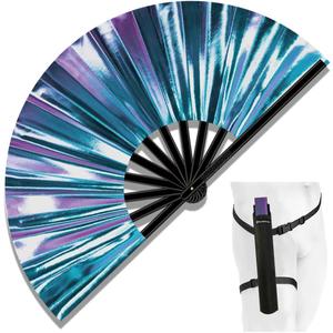 13" Large Folding Rave Fan with Holster, Clack Hand Fans Foldable for Line Dancing, Boots On The Ground Fan for Women Men Festival EDM Party Decoration, Holographic Blue